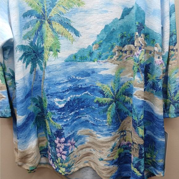 Alfred Dunner Waikiki Hawaii Tropical Scenic Knit Tunic Top Blue Size 2X NWT - Picture 5 of 7